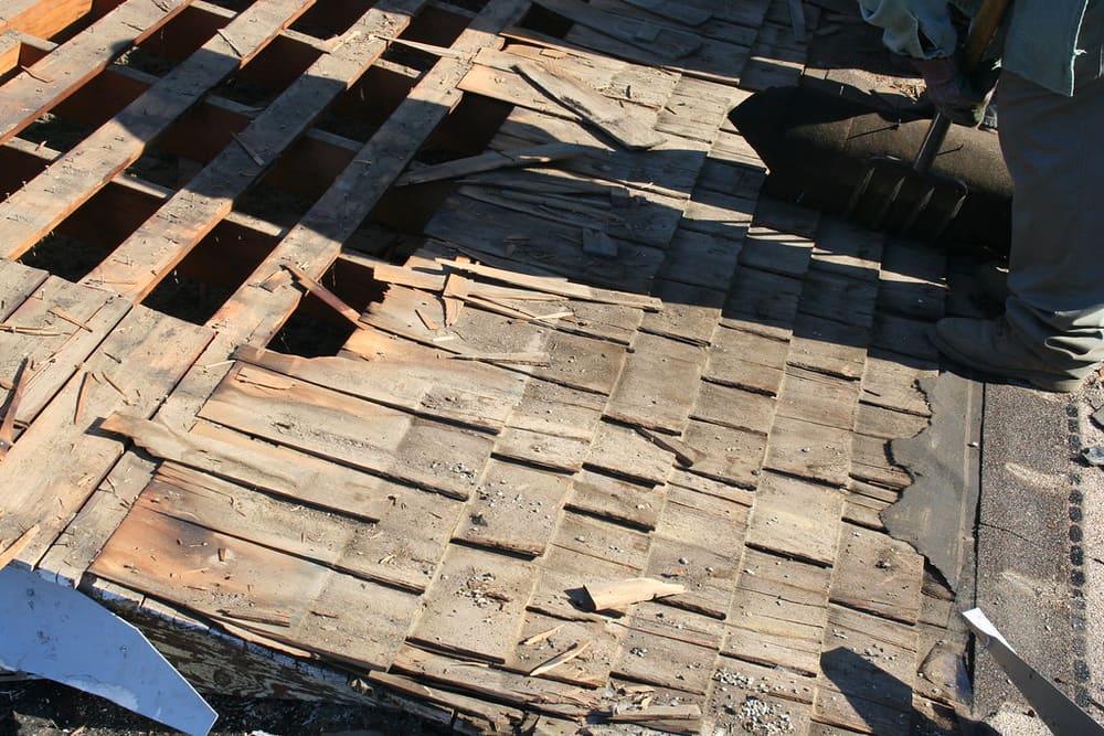 Roof tear-off exposing roof decking